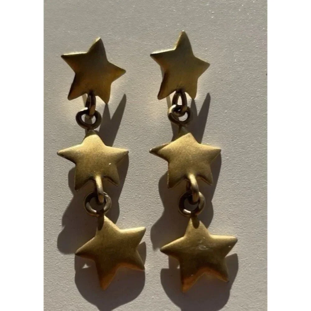 Vintage Ann Taylor Gold Tone 3 Star Drop Dangle Stud Earrings Quality RARE